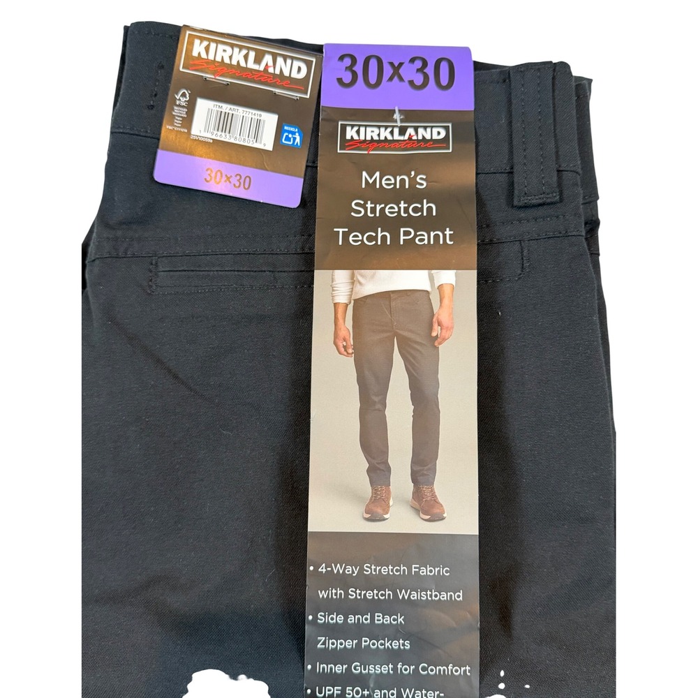 Kirkland Signature Mens Stretch Tech Pant 30x30 Black Water Resistant UPF 50+